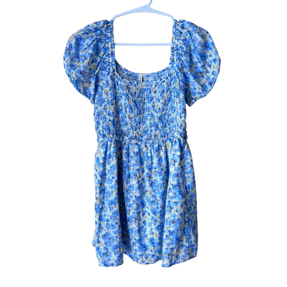 American Eagle Blue Floral Smocked Puff Sleeve Mini Dress Small Square Neck Boho